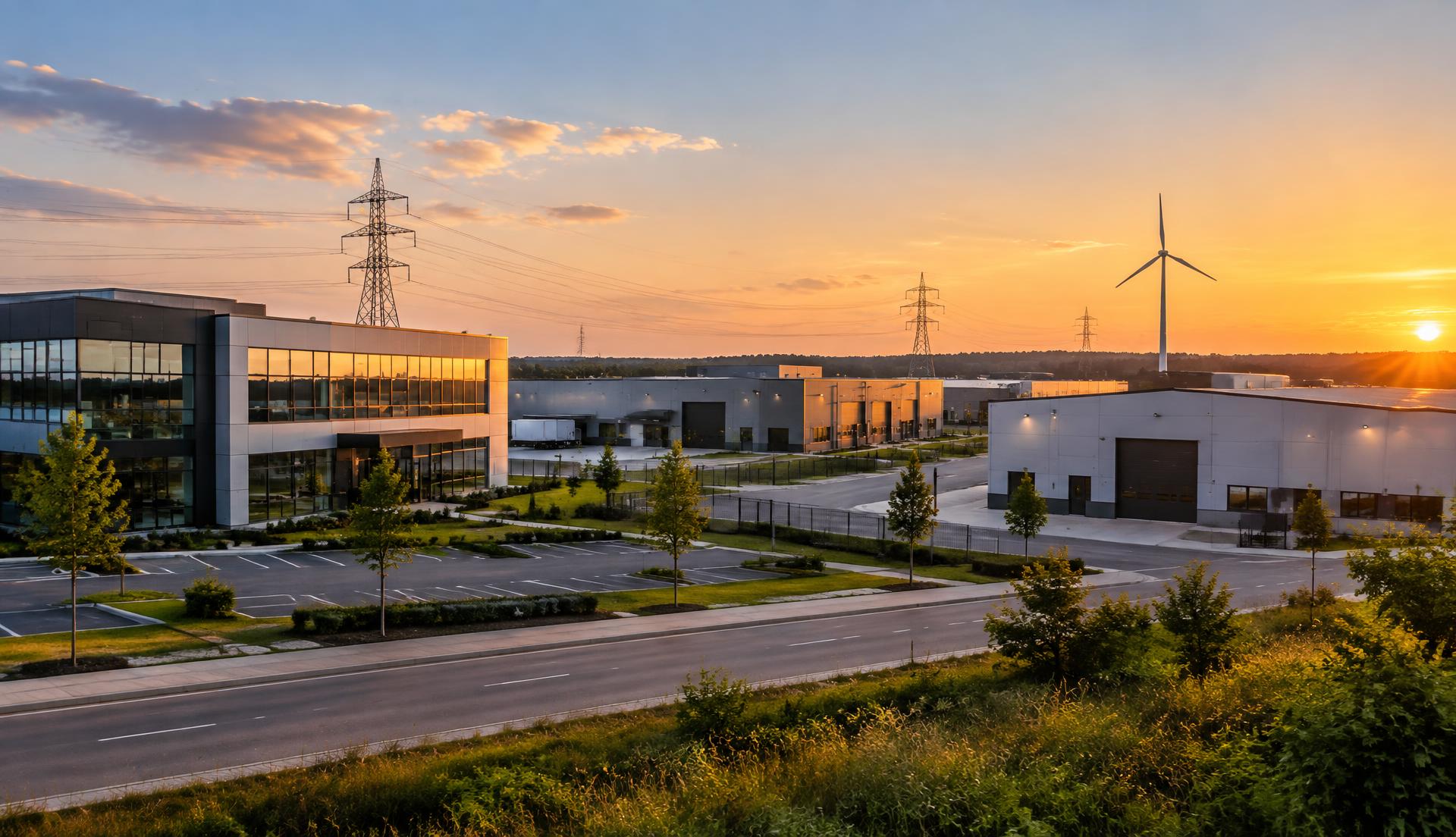 Gewerbepark mit Stromtrassen und Windrad im Abendlicht