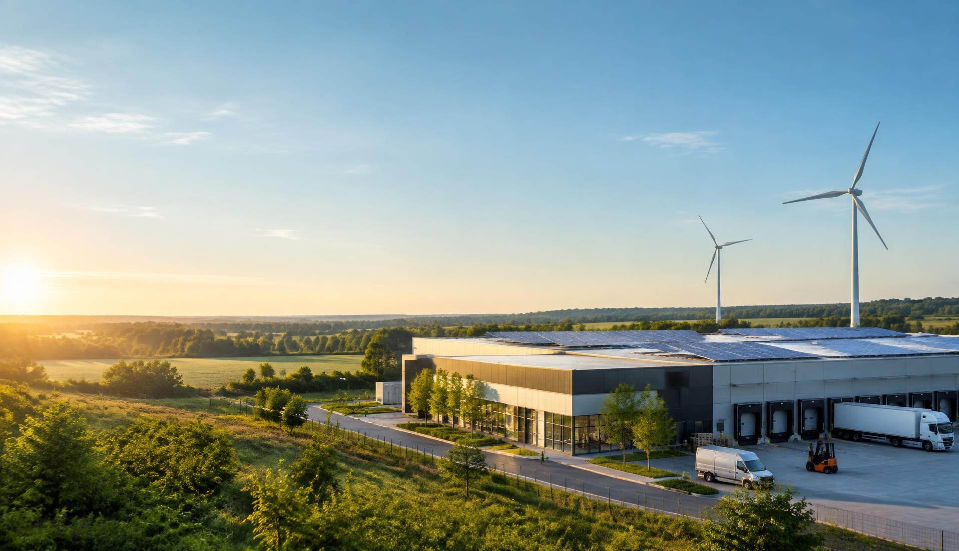 Gewerbehalle mit Solaranlage und Windrädern